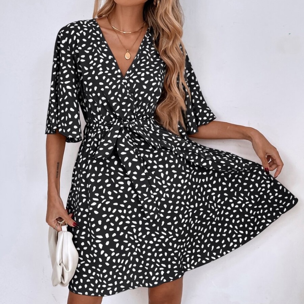 Women's Black & White Polka Dot Wrap Dress - Picture 9 of 11